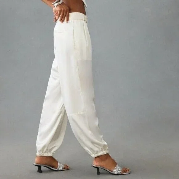 ANTHROPOLOGIE Maeve Satin Parachute Jogger Pants Ivory Size 16P NEW
